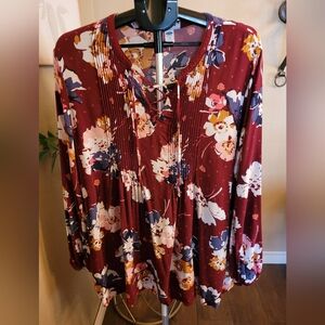 Old Navy Women's Burgundy Floral Lace-Up Long Sleeve Top